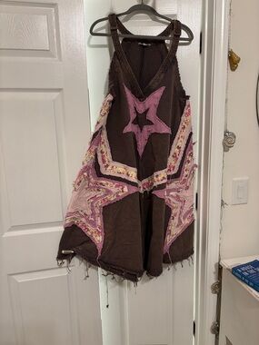 Boho Star Patchwork Overalls in Brown and Pink Very Oversized